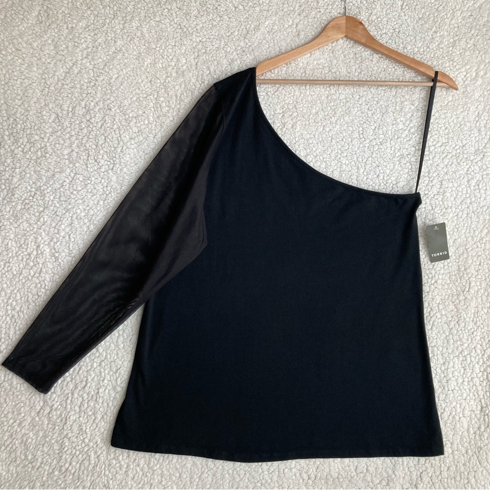 NWT Torrid Women's one shoulder sheer mesh sleeve black top, Sz 3X - Picture 6 of 14